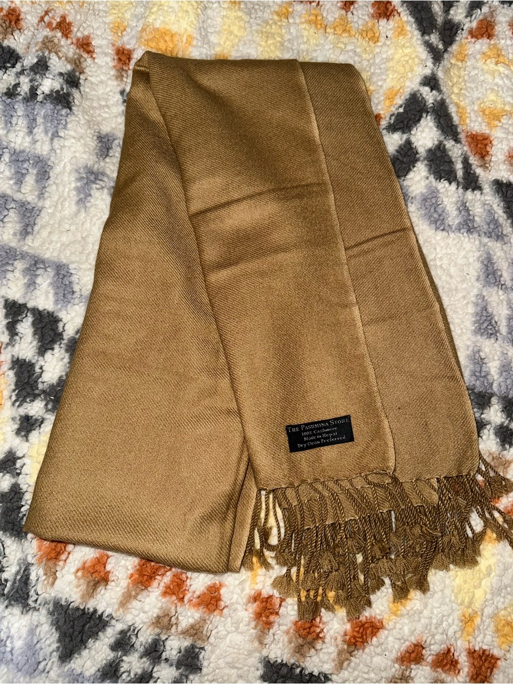 The Pashmina Store 100% Cashmere Scarf Camel Tan Fringe 28x78